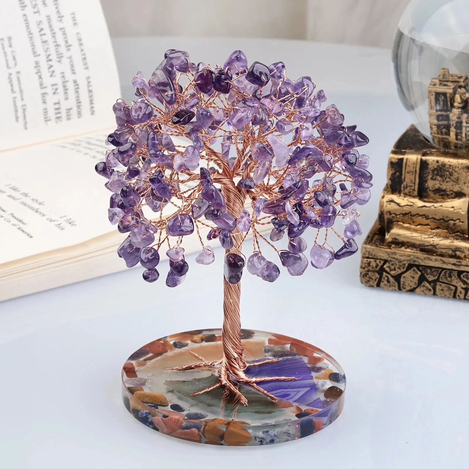 Super Mini Crystal Money Tree Copper Wire Wrapped W/ Agate Slice Base Healing Gemstone Yoga Feng