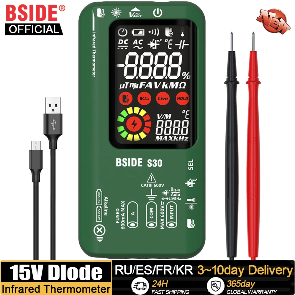 BSIDE-Multímetro Digital Inteligente  Multímetro Recarregável  Temperatura  Diodo 15V  LED Tester