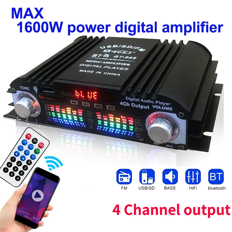 1600W Peak Power HiFi Sound Amplifier Digital 4 Channel Audio Amplifier Bluetooth Karaoke Player FM