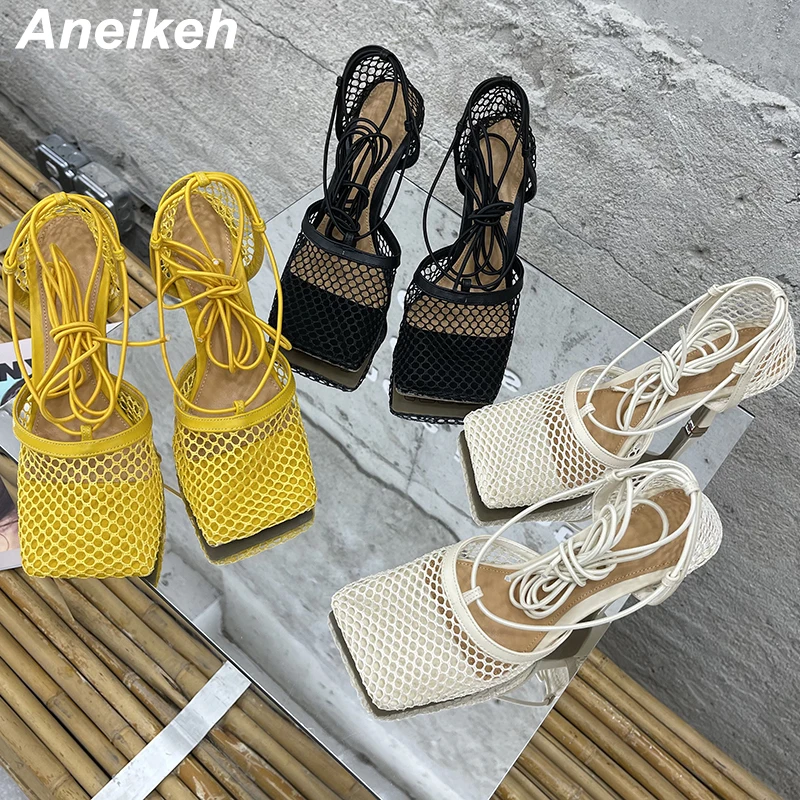 Aneikeh 2023 Summer Sexy Mesh Pumps Sandals Female Square Toe High Heel Lace Up Cross-Tied Stiletto