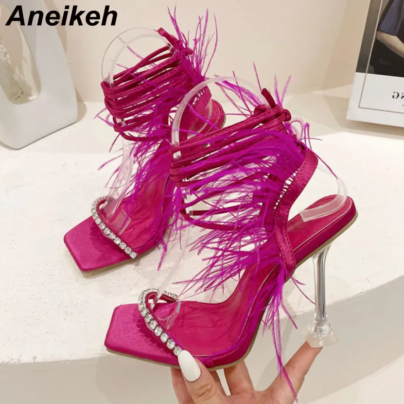 Aneikeh 2023 Sexy Rhinestone Feather Women Sandals Lace-up Summer Shoes Ankle Strap Gladiator