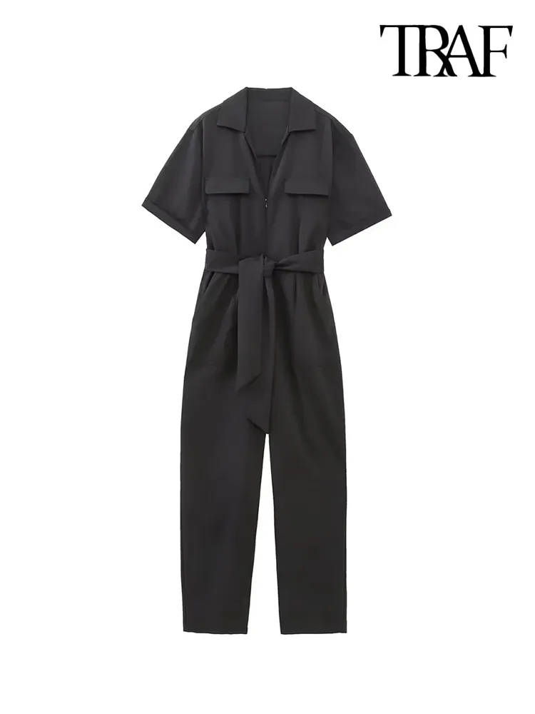 ZRN Women Fashion With Belt Front Zipper Jumpsuits Vintage Short Sleeve Side Pockets Female