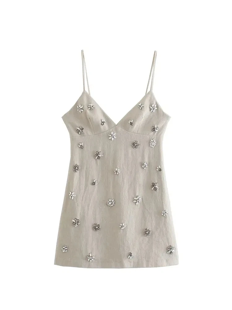 Nlzgmsj TRAF Women 2024 Chic Fashion Sleeveless Lnlay Mini Dress Vintage Thin Straps Summer Female