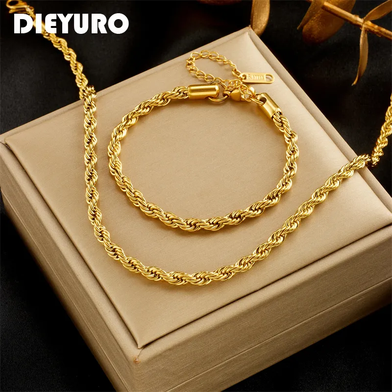 DIEYURO 316L Stainless Steel Gold Color Chain Necklace Bracelets For Women Girl Fashion Non-fading
