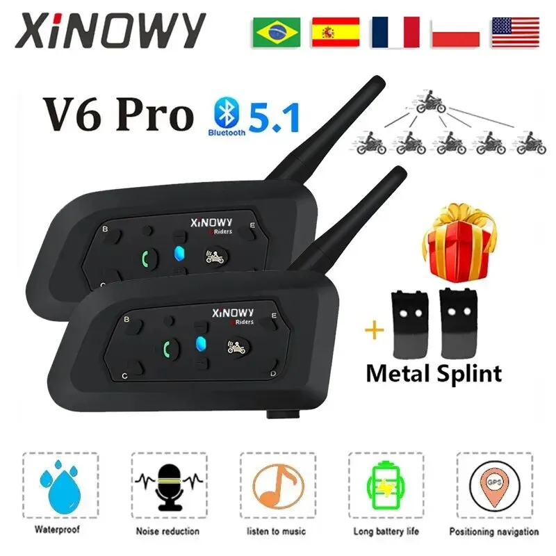 XINOWY V6 PRO Motorcycle Bluetooth Helmet Intercom Headset 1200M Interphone Communicator for 6