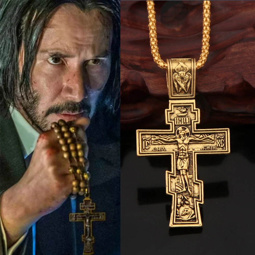 Movie John Wick Jesus Cross Necklace Crucifix Eastern Orthodox Prayer Big Pendant For Men Women