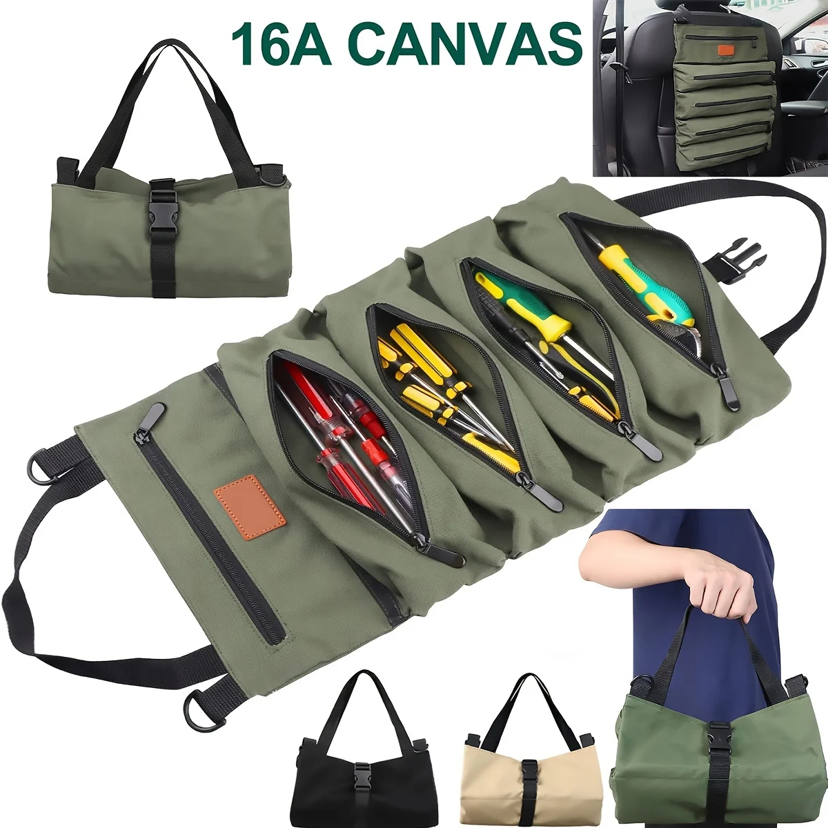 Tool Roll,Multi-Purpose Roll Up Tool Bag,Wrench Roll,Canvas Tool Organizer Bucket,Car First Aid Kit