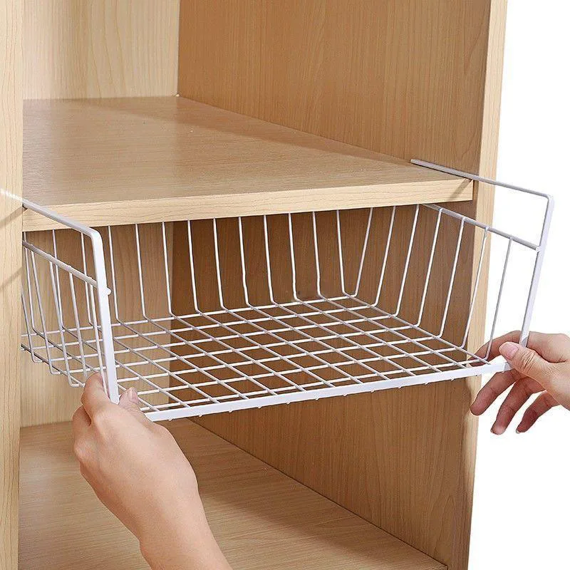 Multi-purpose sling basket organizer for kitchen cabinets and desks Metal hanging basket Bedside
