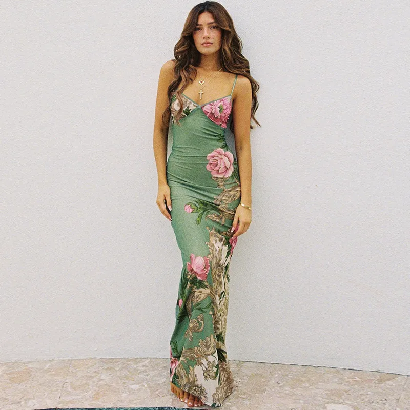 Sleeveless Print Suspender dress women Fashion Vneck slim long skirt 2023 summer fashion women's