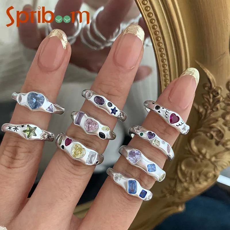 Colorful Zircon Rings for Women Irregular Matte Metal Ring Retro Personality Index Finger Jewelry