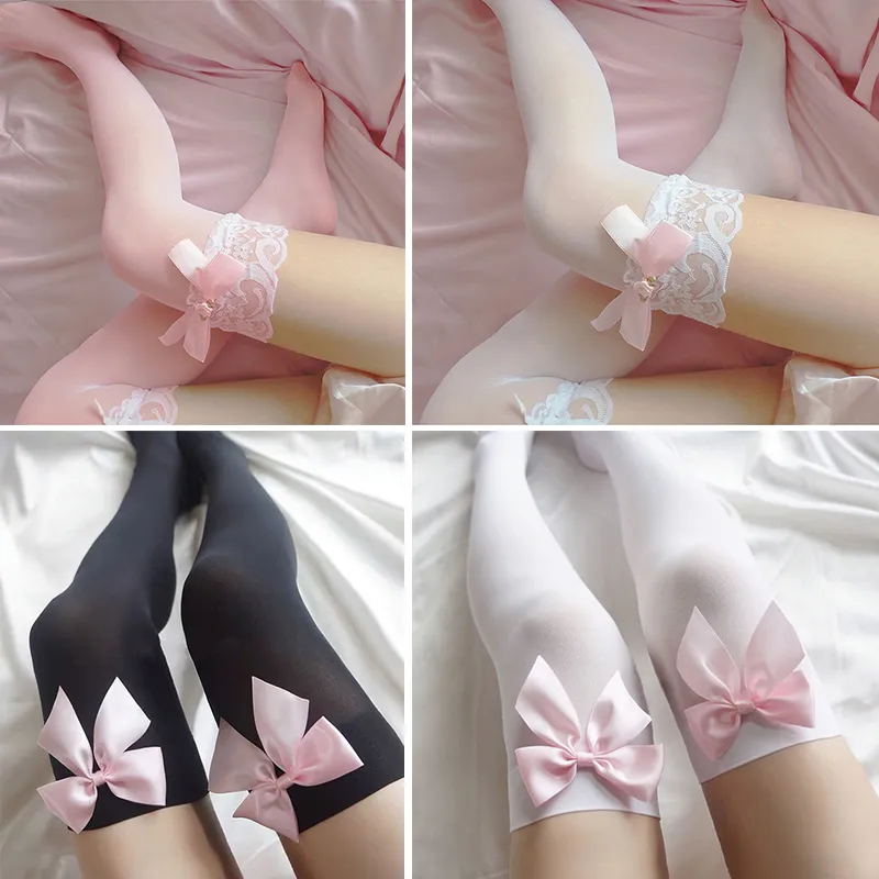 Big Pink Bowknot Lovely Thigh High Knee Sexy Stockings Girls Sweet Lace Over Knee Stockings Ladies