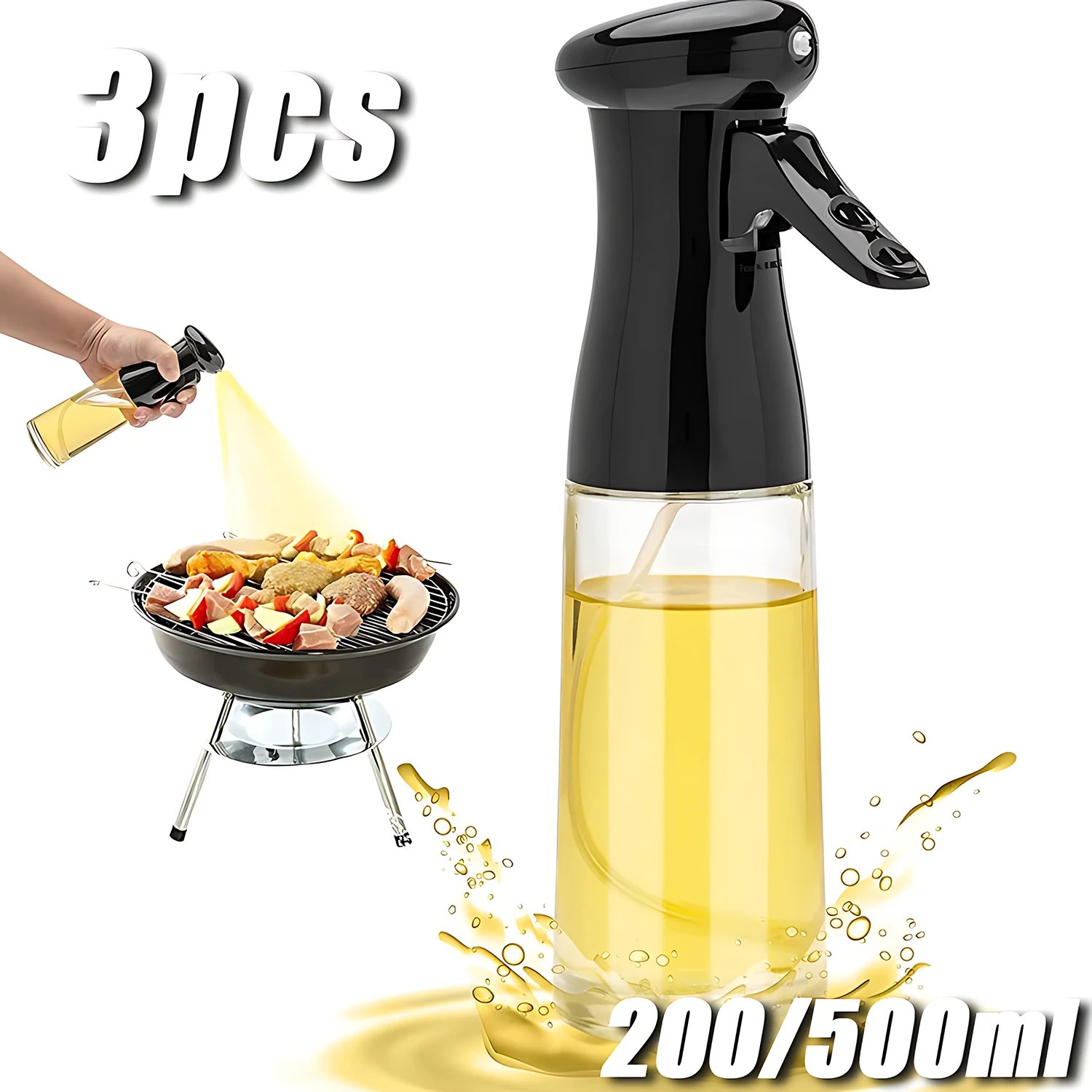3 Pack 200/500ml Oil Sprayer Bottle Home Kitchen Cooking Oil Dispenser Fitness Fat Loss Camping BBQ