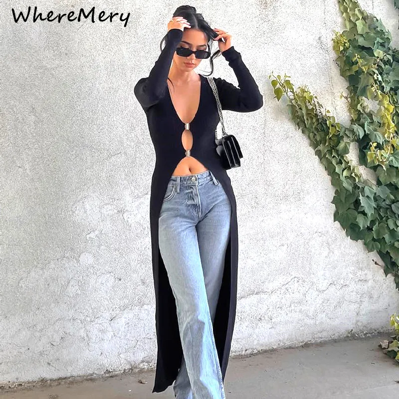 WhereMery Sexy Hollow Out Long Sleeve Maxi T Shirt Women V Neck Low Cut Metal Button Black Top