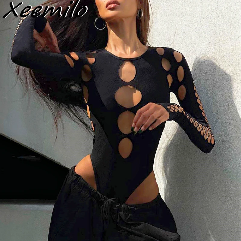 Xeemilo Sexy Dot Hollow Out Bodysuit Y2K Gothic Punk Long Sleeves Bodycon T-shirt Women Autumn