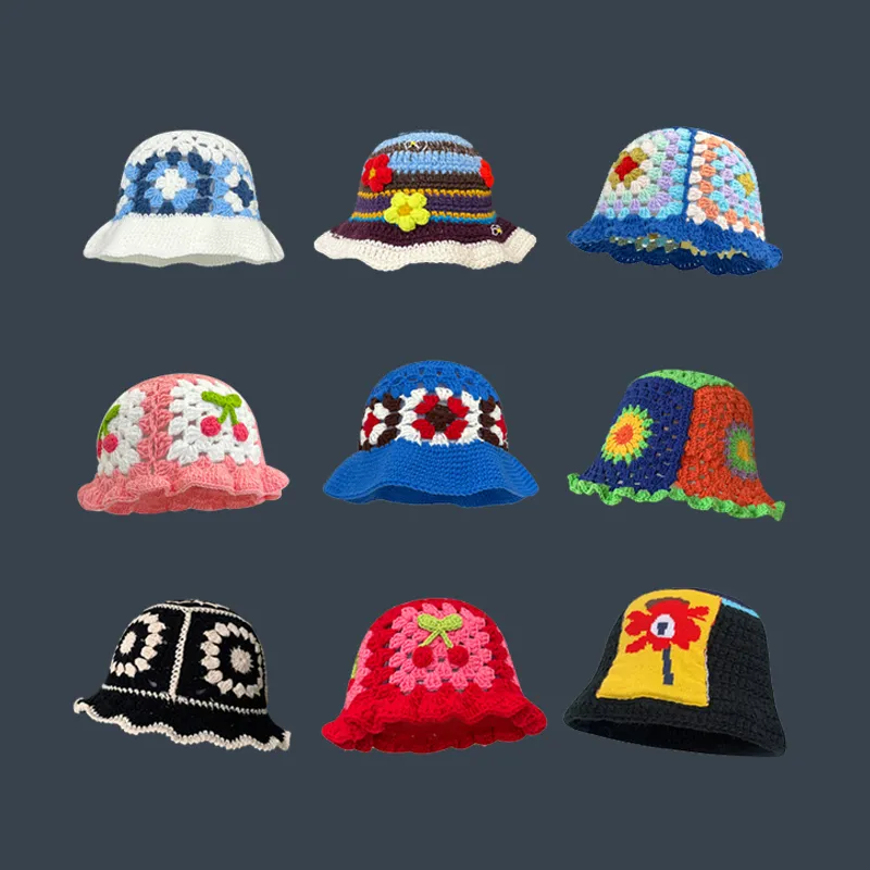 2023 Flower Crochet Bucket Hat Women Spring Summer  Handmade Knit Beanies INS Korean Cute Beanies