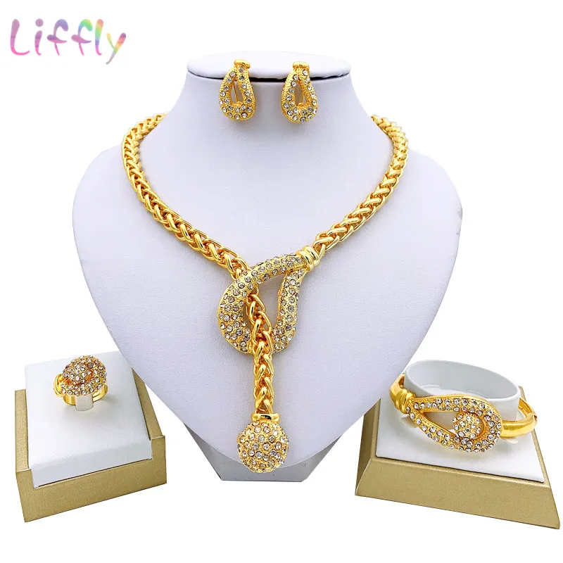 Luxury Dubai Gold Color Jewelry Sets for Women Necklace Bracelet Earrings Ring African Wedding