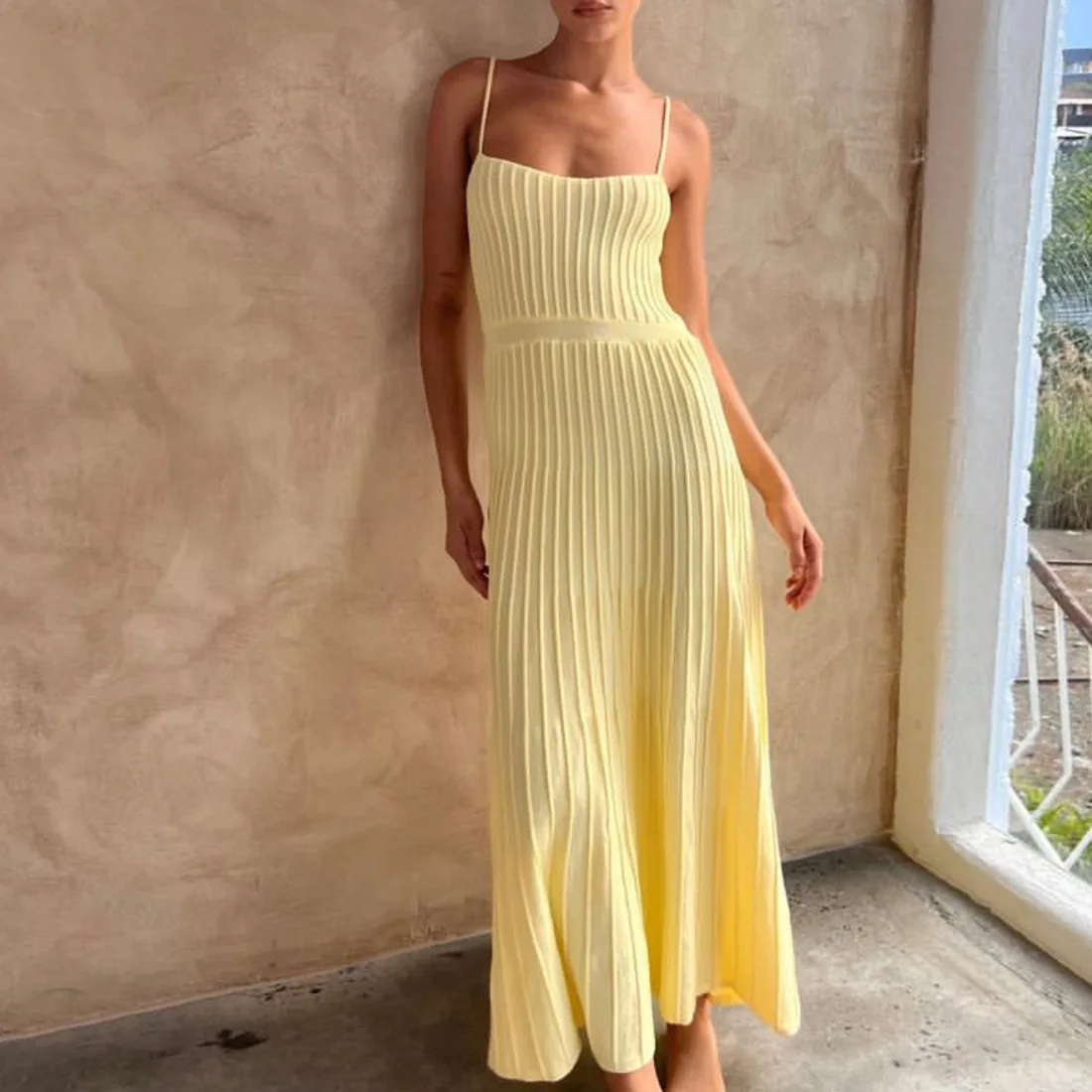 Knitted Pleated Long Dress High Waist Midi Sling Dress Elegant Sleeveless Yellow Dress Women