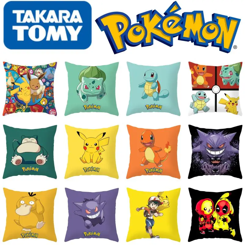 45X45CM Pokémon Pikachu Eevee Anime Short Plush Cute Cartoon Pillowcase Home Sofa Office Cushion