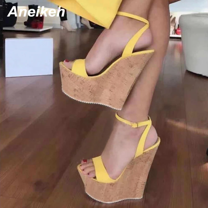 Aneikeh Fashion Shoes Woman Open Toe Platform Wedge Sandal for Woman Cutouts Super High Ankle Strap