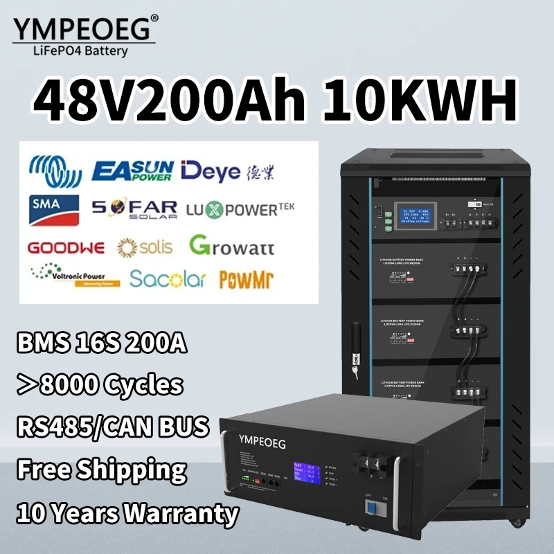 Bateria do LiFePO4-Grade A, 48V 200Ah, capacidade total de 100%, BMS incorporado, 10240Wh, ciclo