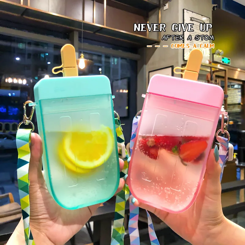 Summer Outdoor Water Bottle with Straw Portable Rope Travel Water Bottles Student Girls Water Cup