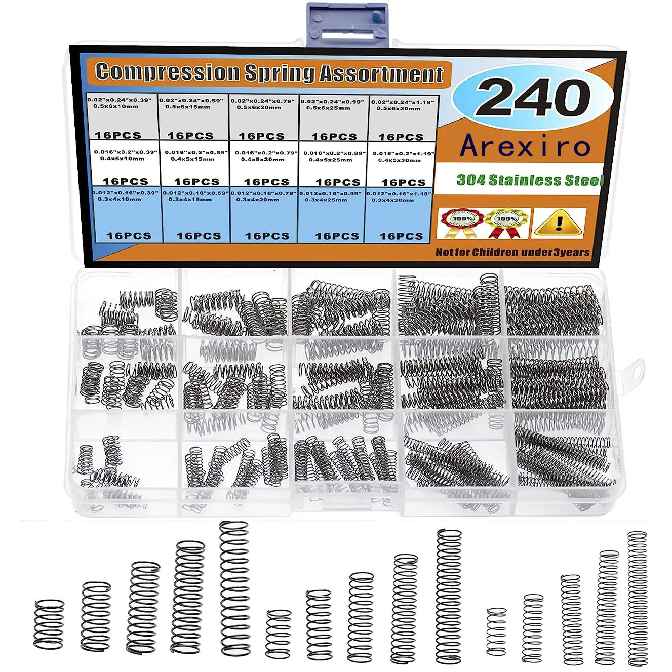 240pcs 15 Sizes Compression Springs Assortment Kit, Mini Stainless Steel Springs for Repairs, 0.39"