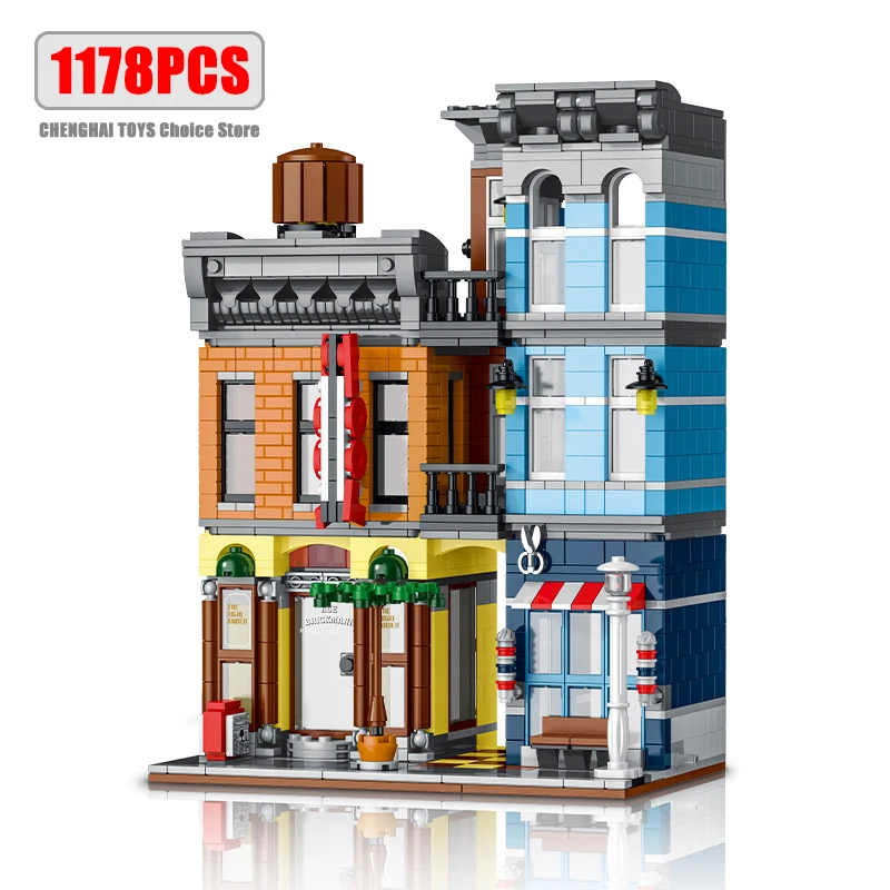 1178pcs Street View Building Blocks Pizza Shop Modular Architecture Sets MOC Detective Agency Boys