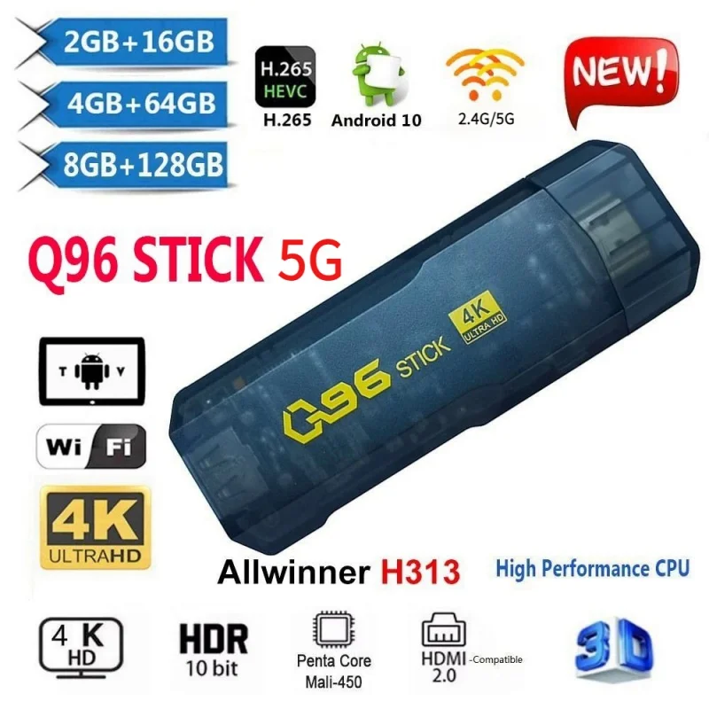 Android TV Stick com Quad Core, Q96, H313, Android 11 Stick, 5G WiFi, 4K HDR10, cinema em casa, 265