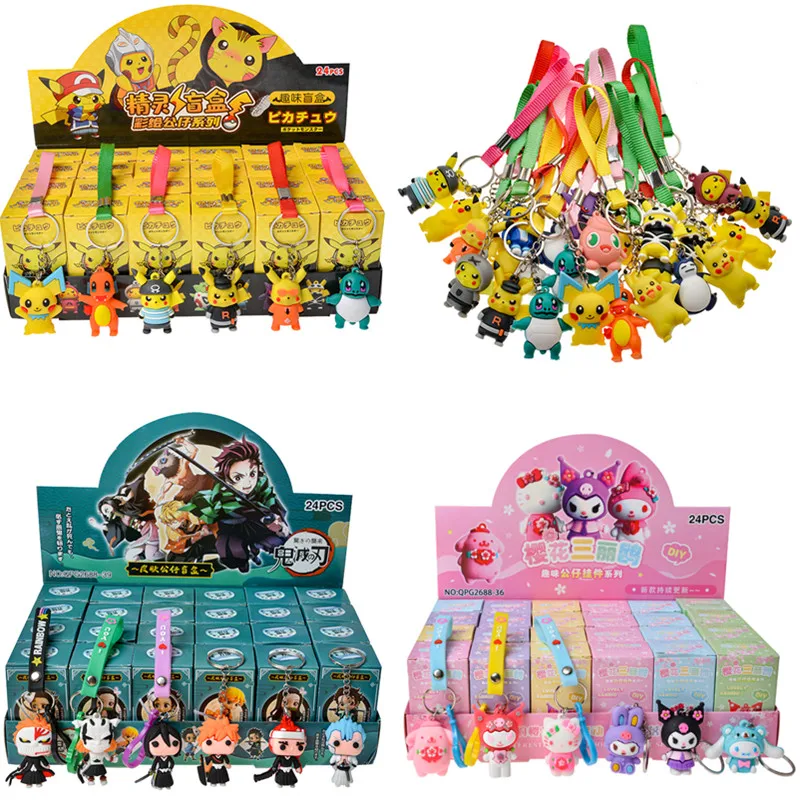 Hot Sale 24Pcs/Set Anime Sanrio Hello Kitty Kuromi Keychain Pendant Figures Pokemon Pikachu Keyring