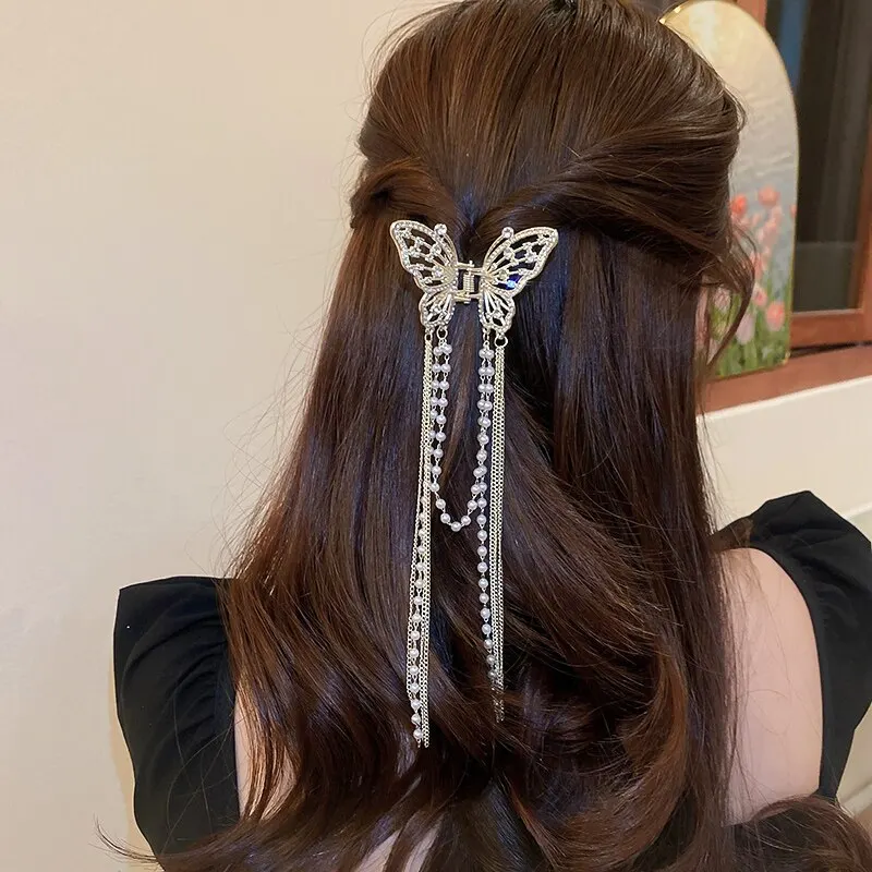 Butterfly Hair Clip With Long Tassel Hair Accessories For Women Elegant Imitation Pearl Rhinestone