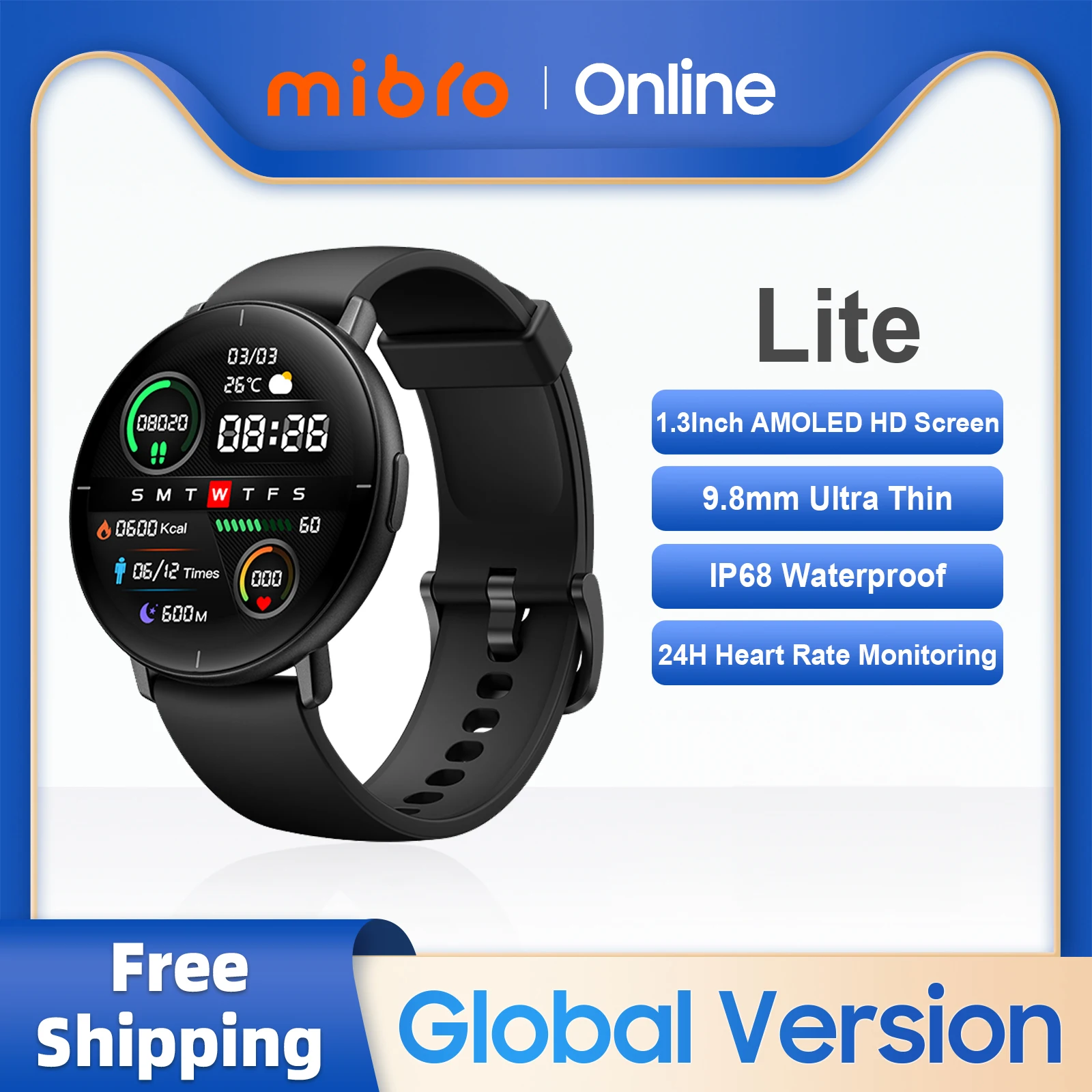 Mibro Lite Smartwatch Versão Global 1.3Inch AMOLED HD Display IP68 Controle de Aplicativo À Prova D'