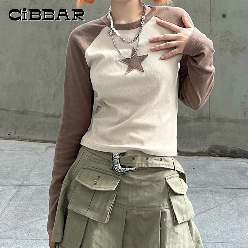 CIBBAR Harajuku Full Sleeve Crop Top Cute Star Stitched Crewneck Basic T-shirt Women Casual