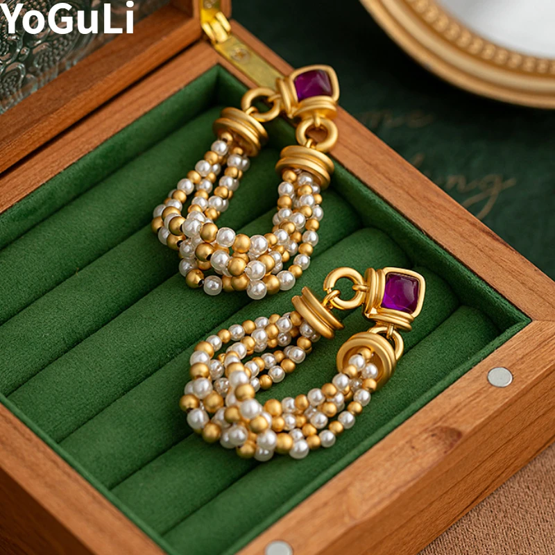 Retro Jewelry Senior Sense Purple Resin Simulated Pearl Bead Tassel Earrings For Women Accessories