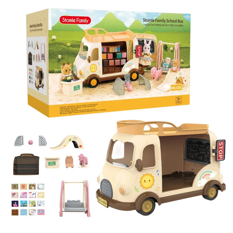 New Forest Animal Outdoor station wagon school bus Set DIY Simulation Furniture Girl Play House Toys