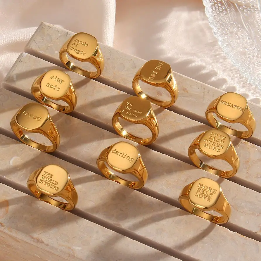 2023 New Engrave Jewelry Gift Minimalist Letter Word Suqare Stainless Steel Ring Water Resistant