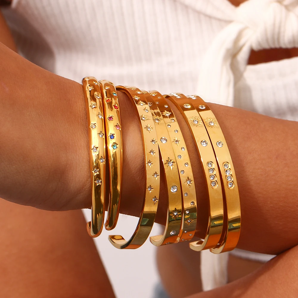 18K Gold Plated Waterproof Tarnish Free Crystal Zircon Pave Shiny Star Moon Cuff Bangles Bracelets