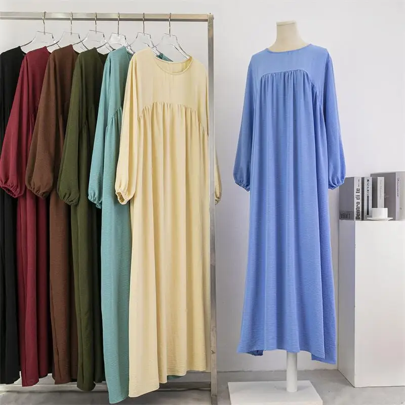 Spring Autumn Muslim Dress Women Loose Maxi Dresses Fashion Female Full Sleeve Casual Solid Pockets