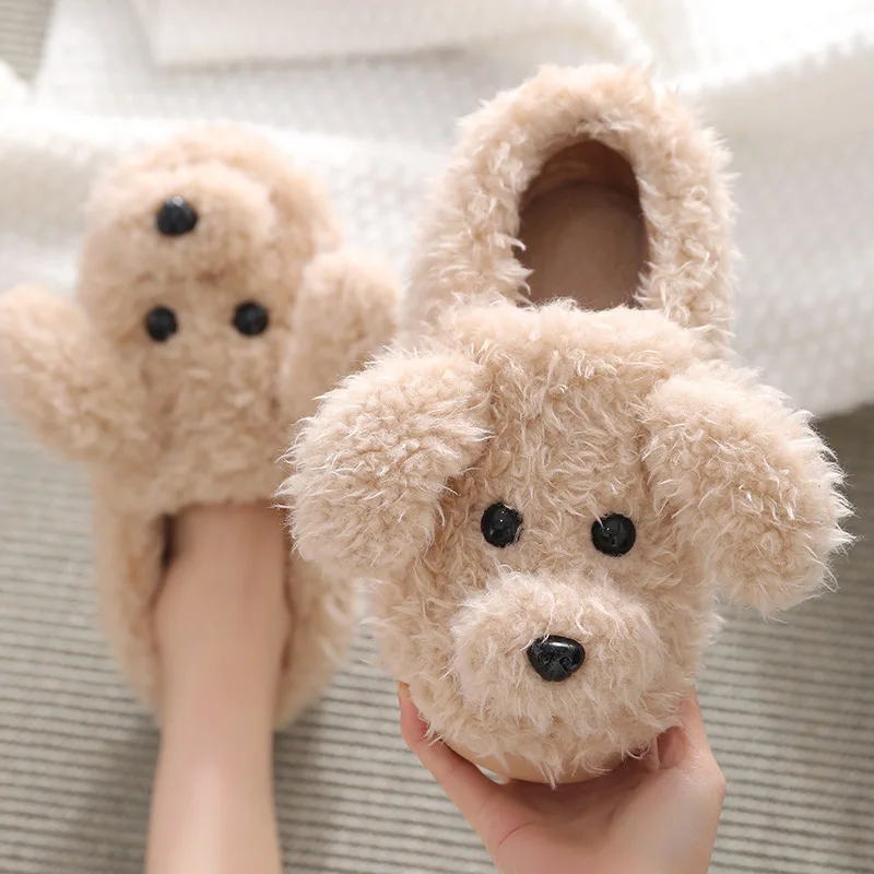 Comwarm Cute Dog Short Plush Slippers For Women 2023 Winter Warm Furry Cotton Shoes Couples Home