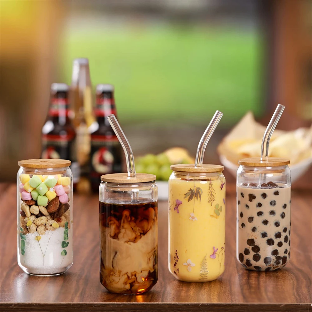 1/4/6pcs Set Glass Cup With Lid and Straw Juice Glass Beer Can Milk Mocha Cup Transparent Bubble Tea