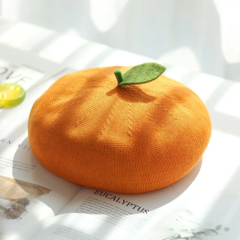 Spring Autumn Women Handmade Beret Hat Cute Fruit Pink Red Painter Hat Girl Thin Breathable Beanie