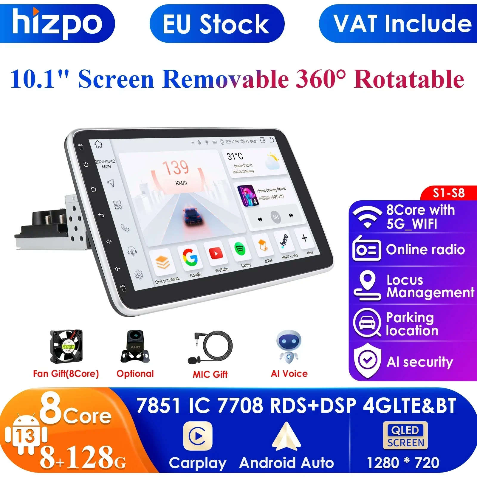 8 + 128G 10,1'' 360 drehbar 1 Din AutoRadio GPS für Universal Auto Multimedia Player Stereo 1DIN