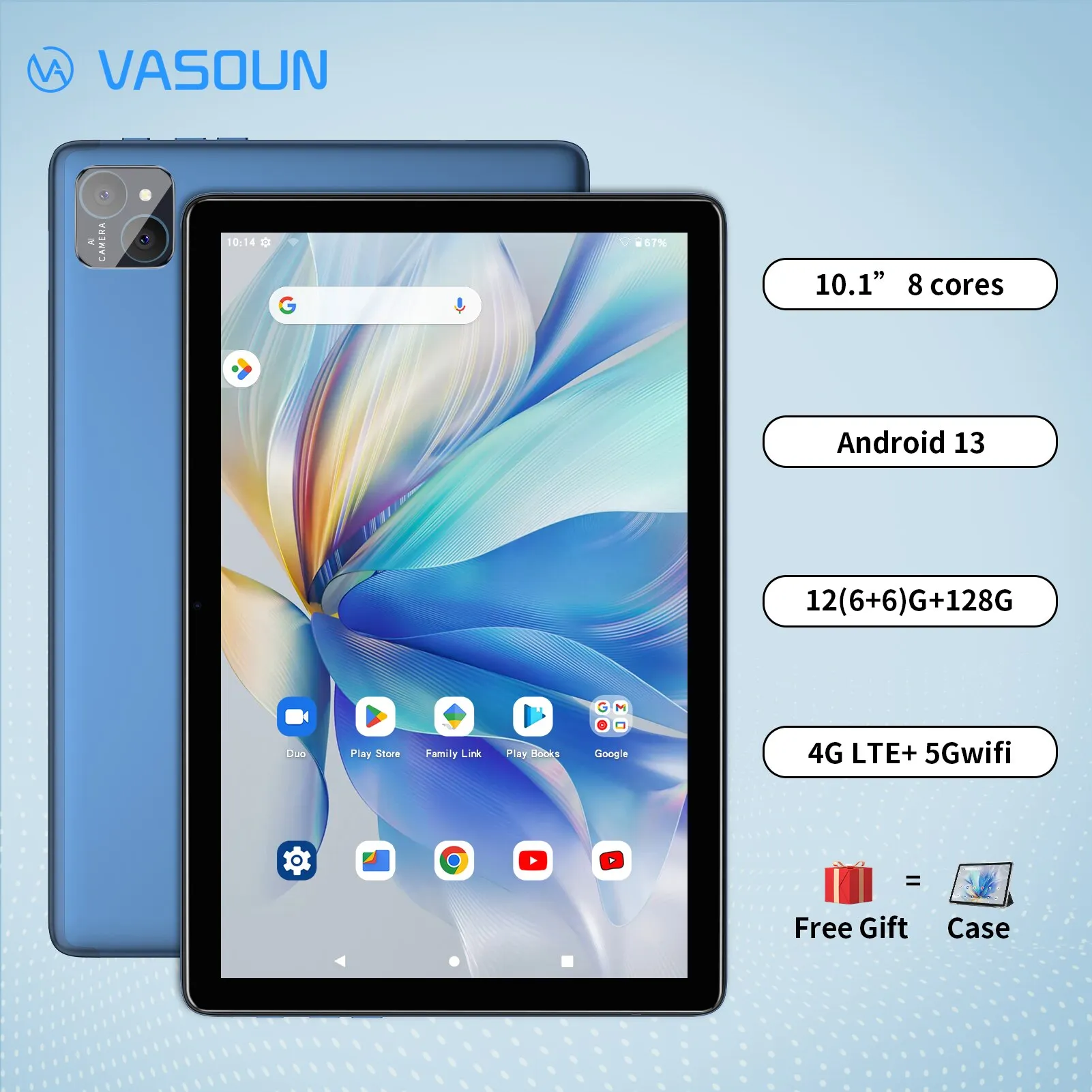 VASOUN Android 13 Tablet 10.1"  12GB(6+6 Expand) RAM  128GB ROM  Octa Core  Dual SIM 4G Unlocked