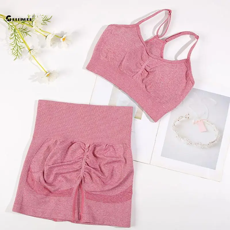 CHRLEISURE Seamless Sports Set Women's  2PCS Yoga Suit Fitness Bra with Cycling Shorts Gym Elastic