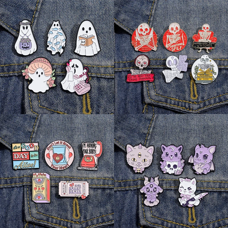 New Cartoon Enamel Pin Set Custome Punk Gothic Skeleton Ghost Boo Cute Cat Brooches Backpack Lapel
