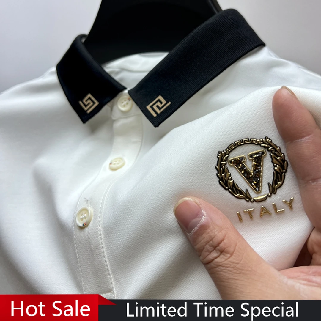 Luxury Ice Silk Polo Shirts Short Sleeved Lapel T-shirts 2023 Summer Trend Hot Drilling Exquisite