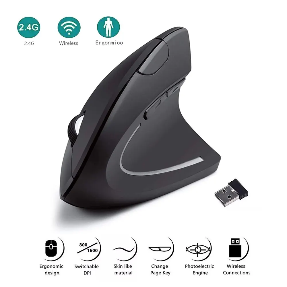 Vertical Mouse Ergonomic 2.4GHz Wireless Optical Mice 3 Adjustable DPI 800/1200/1600 6 Buttons for