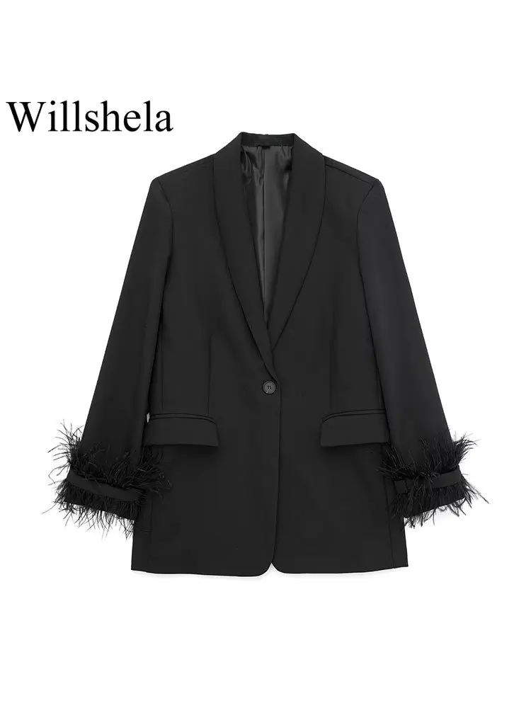 Willshela Women Fashion Satin Black With Feather Blazer Jacket Vintage Notched Neck Single Button