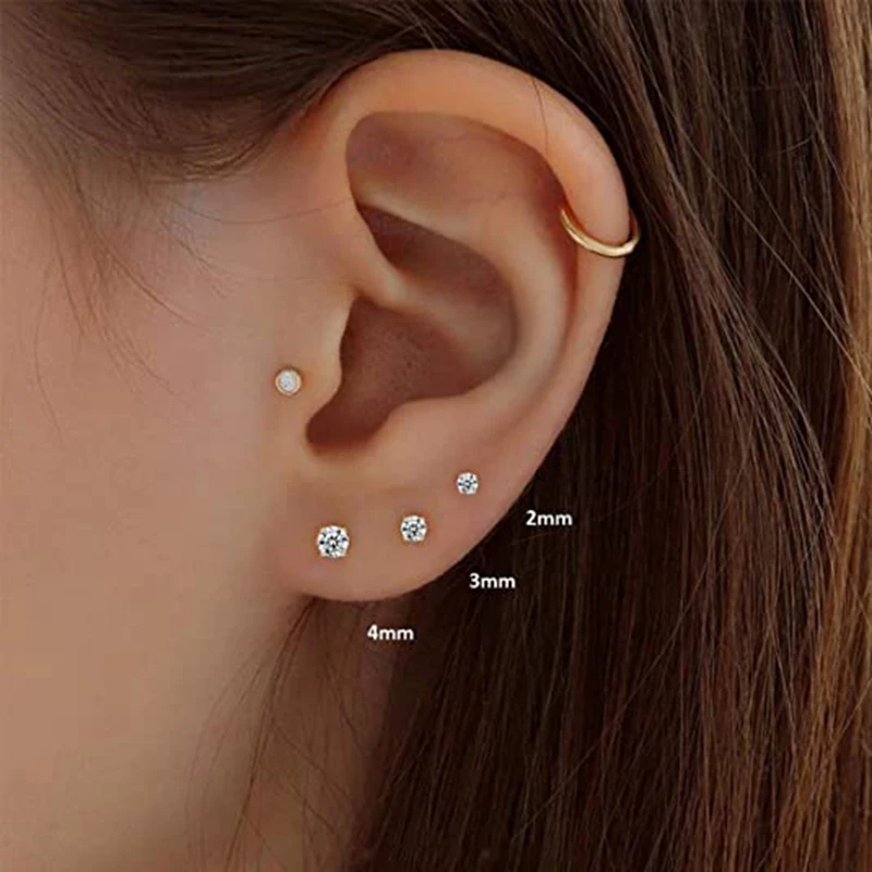 Aide 3PCS 2mm 3mm 4mm 925 Sterling Silver Ins Zircon Stud Earrings 18k Gold Mini Minimalism Earrings