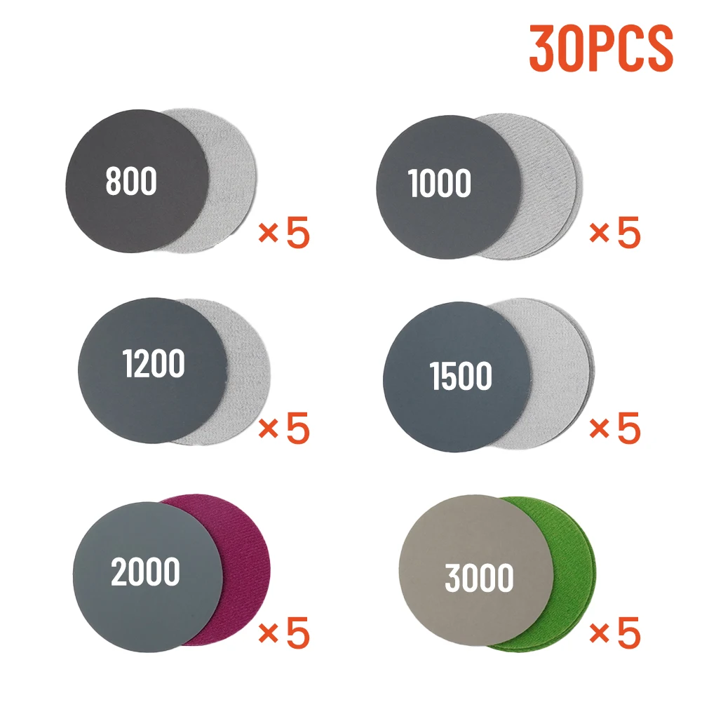 30pcs Water/Dry Sanding Paper 3inch 75mm Hook & Loop Sanding Disc 800 1000 1200 1500 2000 3000 Grit