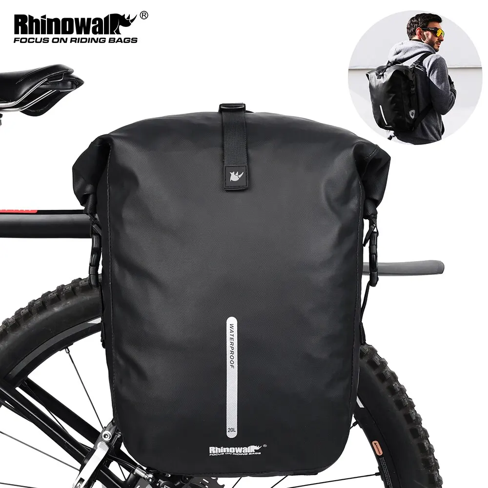 Rhinowalk Bike Pannier Bag 20L Big Capacity Waterproof Rear Rack Black Travel Bicycle Cycling